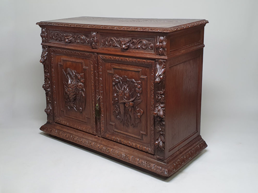 French antique oak Sideboard or Buffet with ornate bird, fish and lion carvings