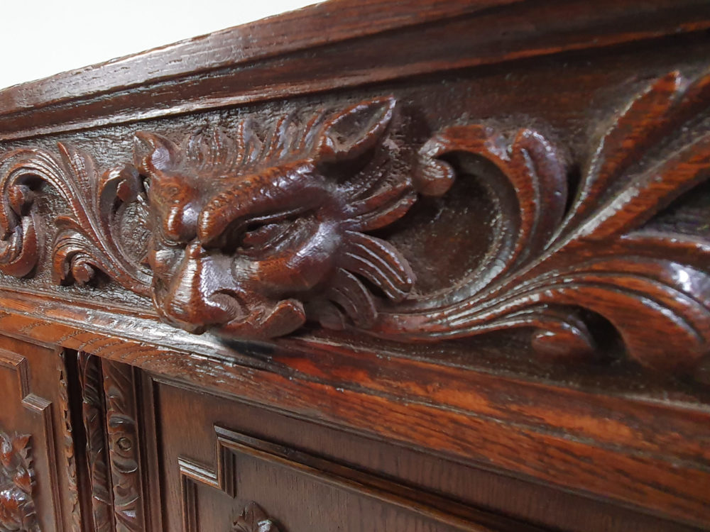 French antique oak Sideboard or Buffet with ornate bird, fish and lion carvings