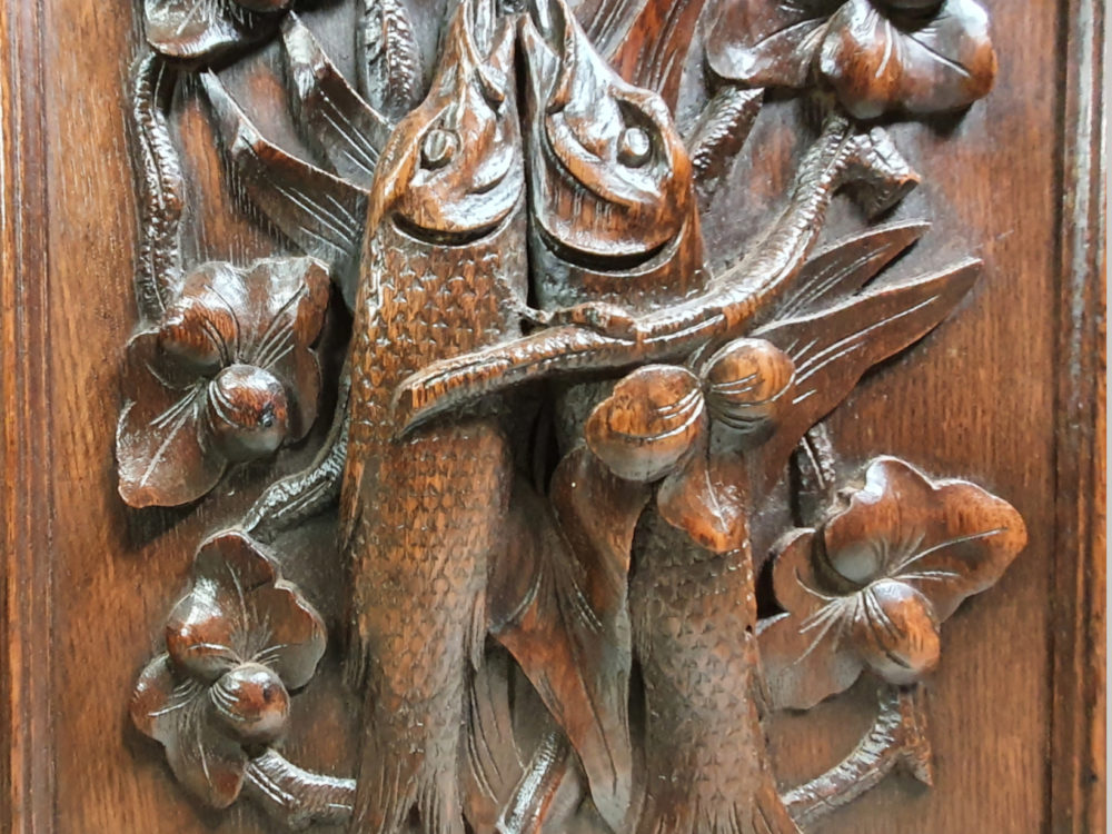 French antique oak Sideboard or Buffet with ornate bird, fish and lion carvings