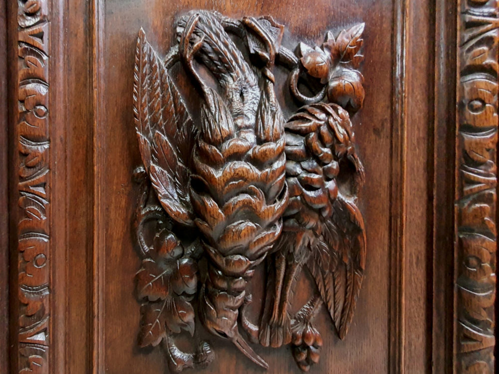 French antique oak Sideboard or Buffet with ornate bird, fish and lion carvings
