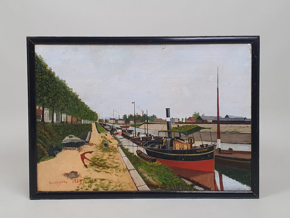 French antique oil painting - naive Canal Landscape