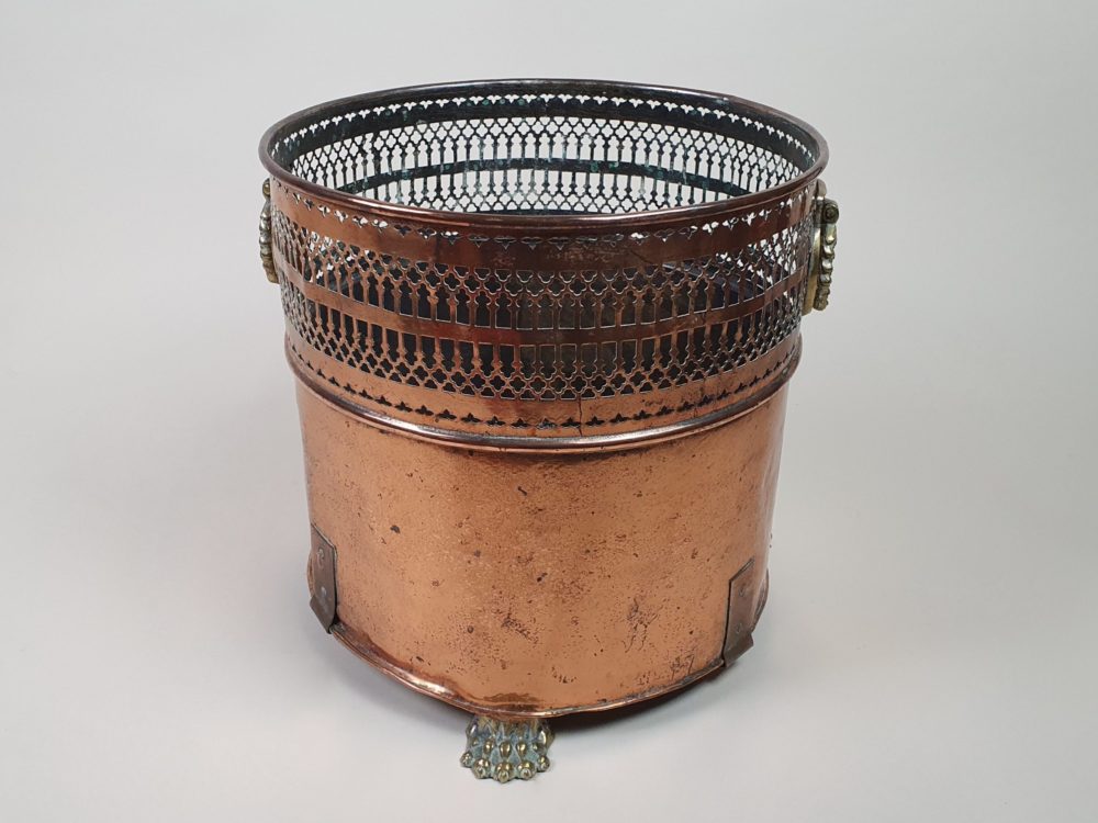 Georgian lattice work copper Bucket with brass lion paws