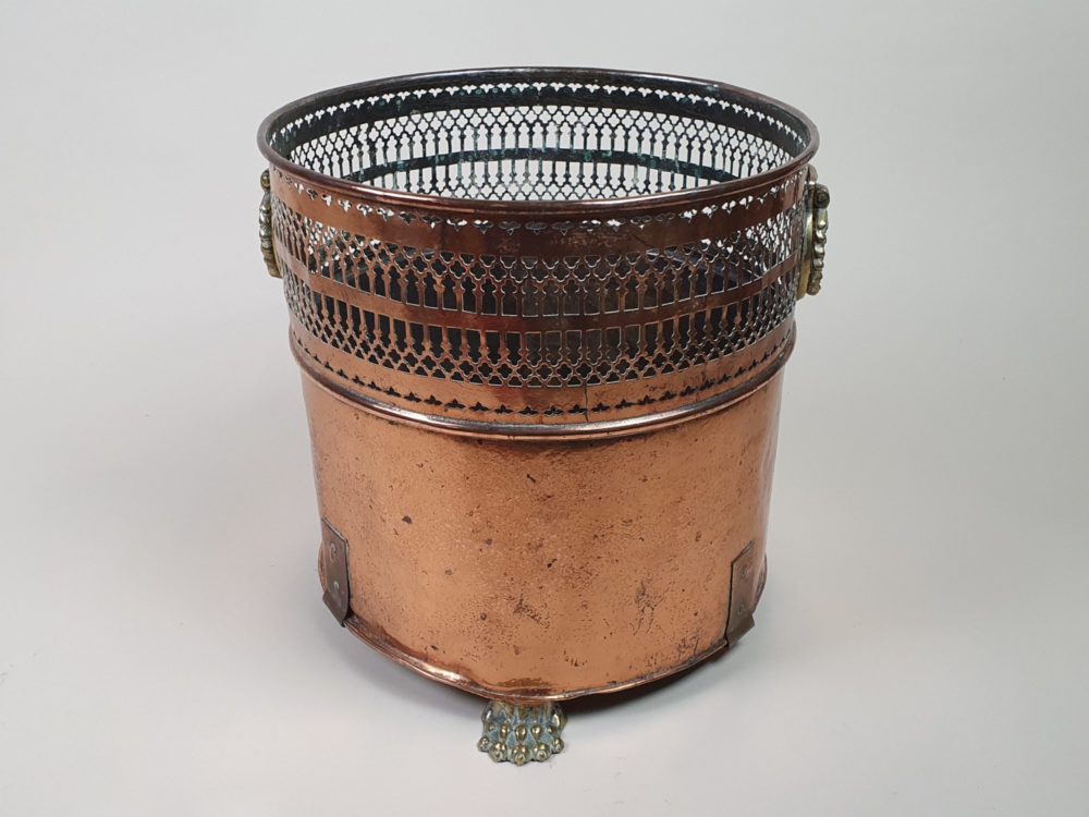 Georgian lattice work copper Bucket with brass lion paws