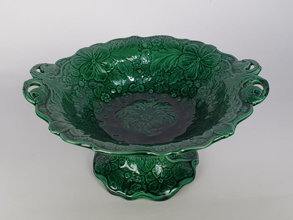 Green majolica 19th century antique ceramic Compote