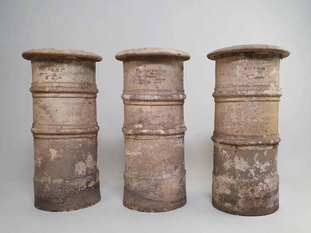 19th century antique buff ornamental Chimney Pots or Garden Planters, stamped Fulham Pottery
