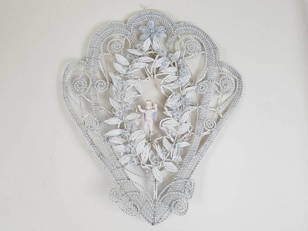 Heart shaped antique Bead Work Wreath with Cherub