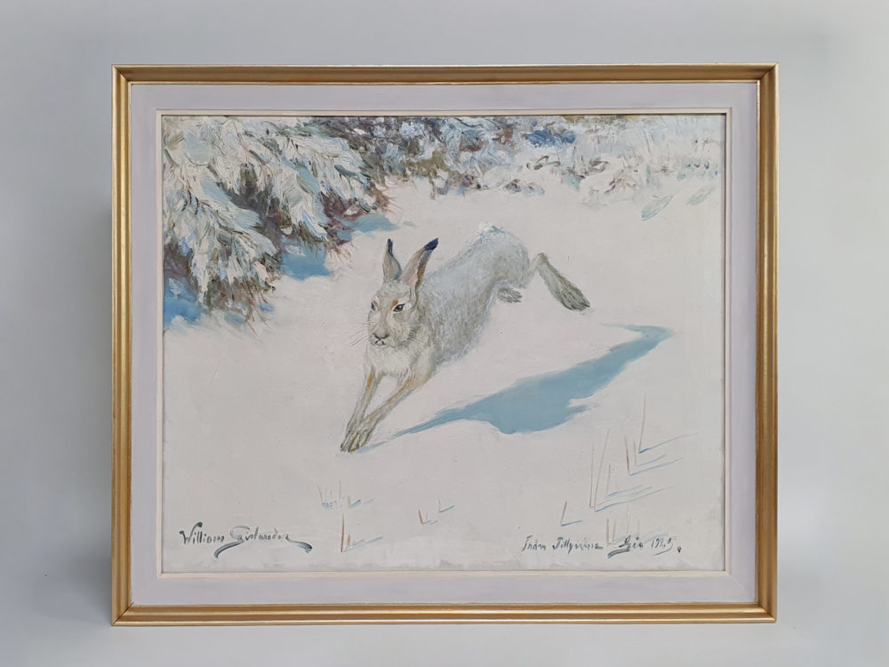 Swedish antique early 1900s oil on canvas, showing a wild hare in snow