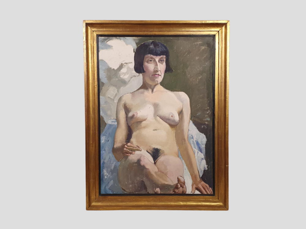 Large antique oil painting - a striking 1920s female Nude