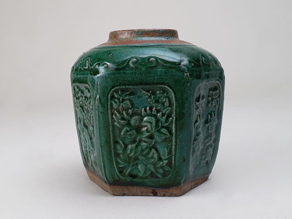 Large antique rustic pottery dark green glazed Ginger Jar or Pot