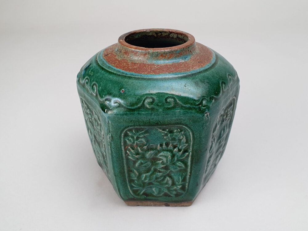 Large antique rustic pottery dark green glazed Ginger Jar or Pot