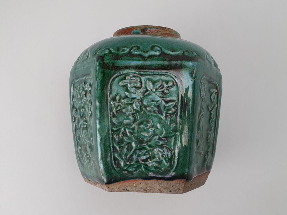 Large antique rustic pottery dark green glazed Ginger Jar or Pot