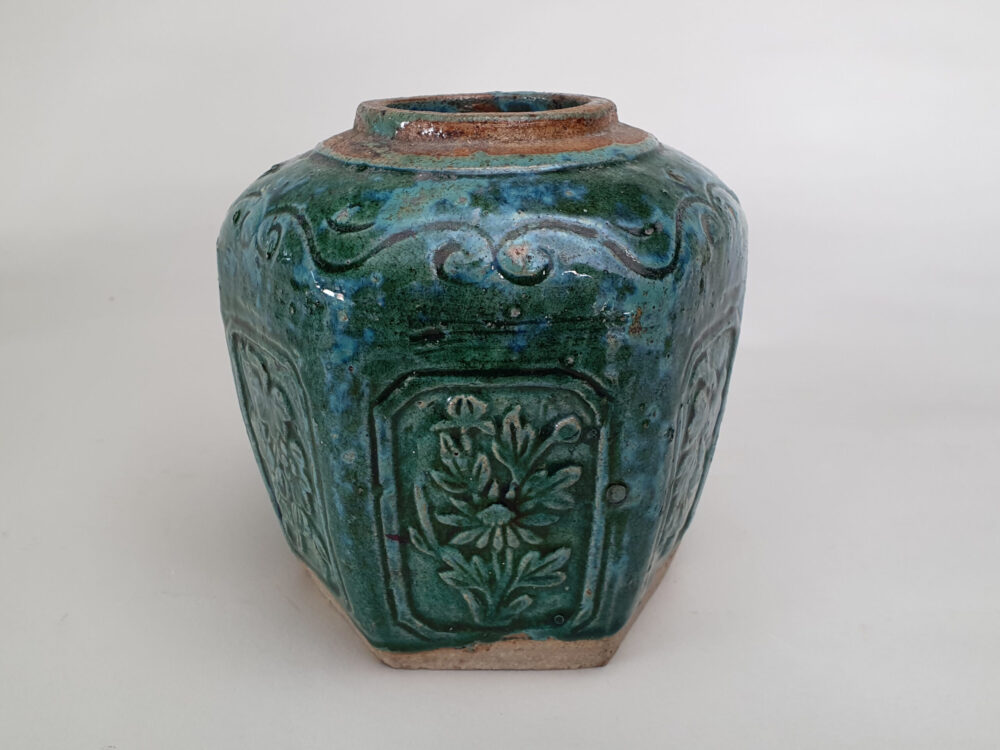 Large antique rustic pottery turquoise-green glazed Ginger Jar or Pot