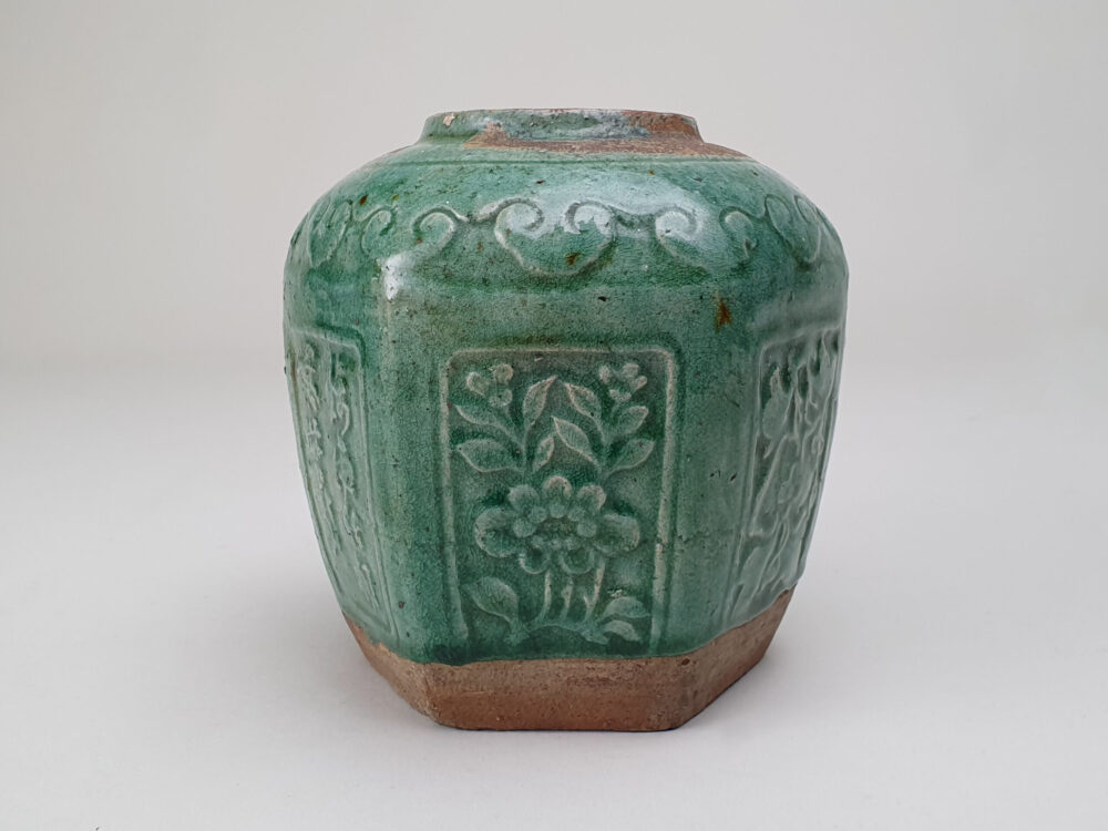 Large antique rustic pottery turquoise-green glazed Ginger Jar or Pot