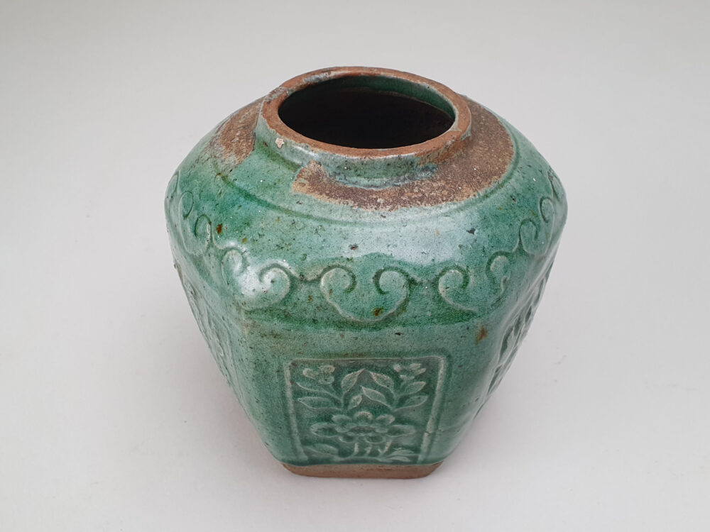 Large antique rustic pottery turquoise-green glazed Ginger Jar or Pot