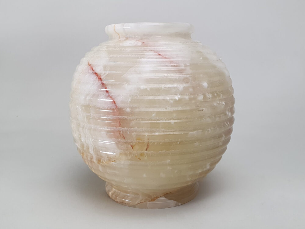 Large circular ribbed mid century antique cream onyx Vase