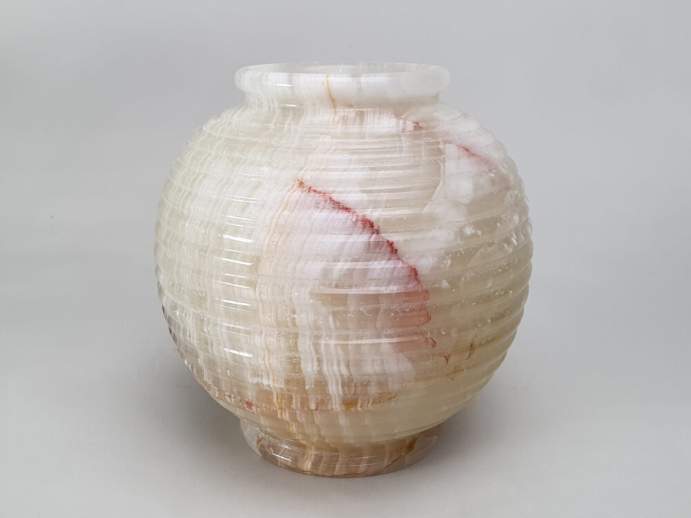 Large circular ribbed mid century antique cream onyx Vase
