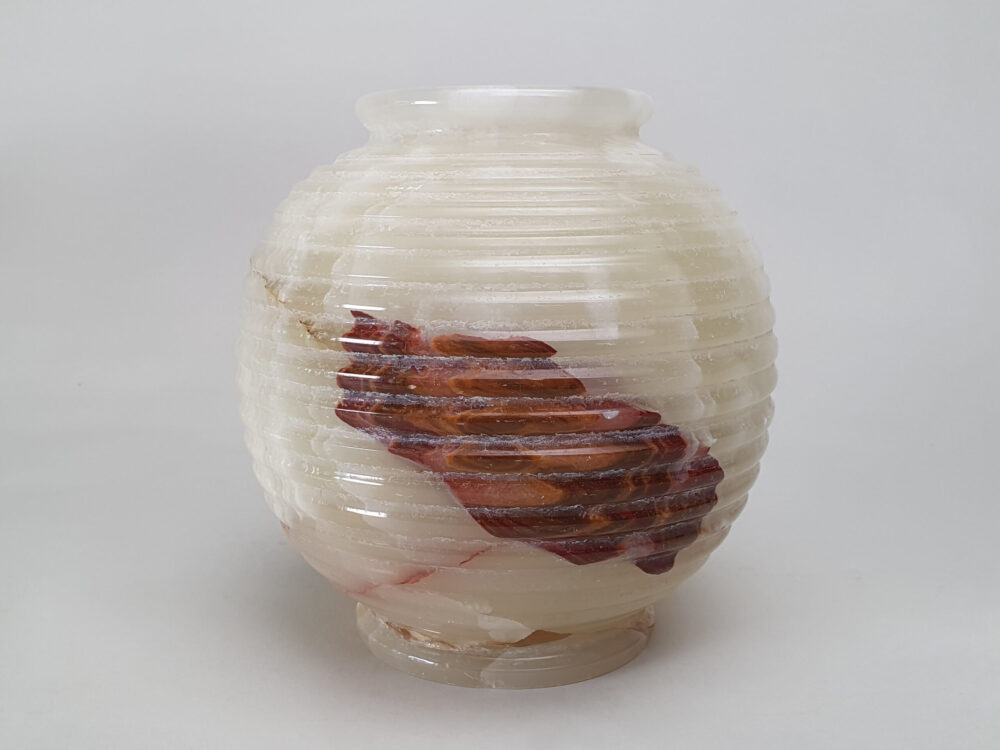 Large circular ribbed mid century antique cream onyx Vase