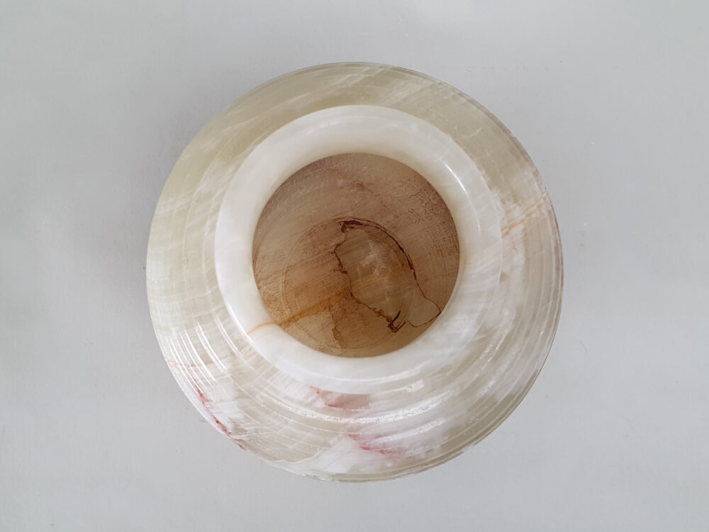 Large circular ribbed mid century antique cream onyx Vase