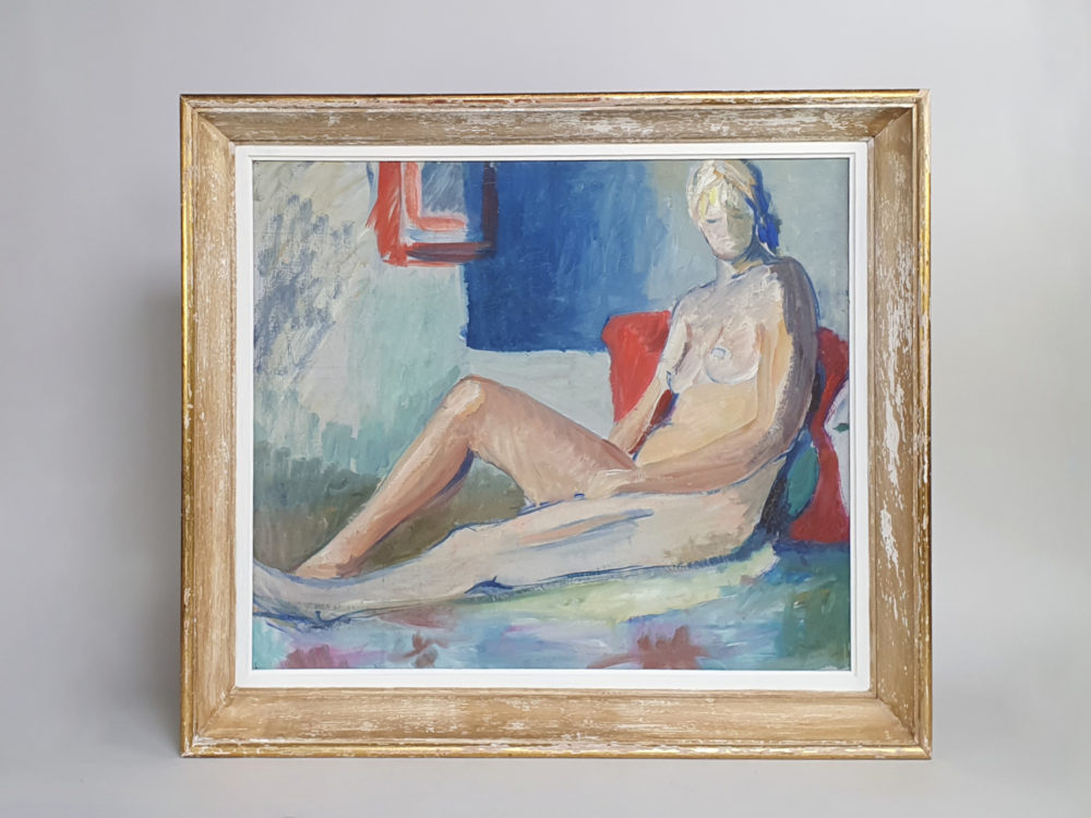 Large mid century French oil on canvas of a Reclining Nude