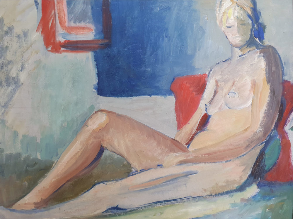 Large mid century French oil on canvas of a Reclining Nude