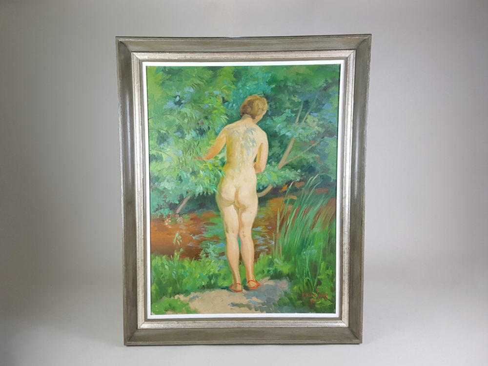 Large mid century oil painting - of a nude bather