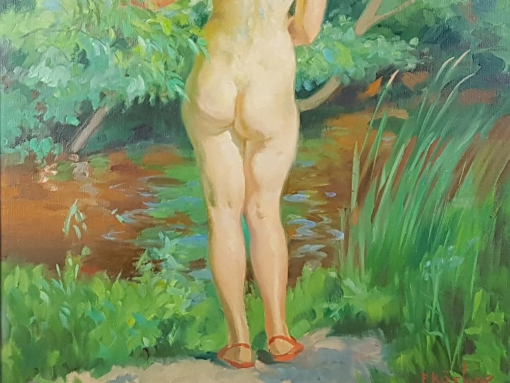Large mid century oil painting - of a nude bather