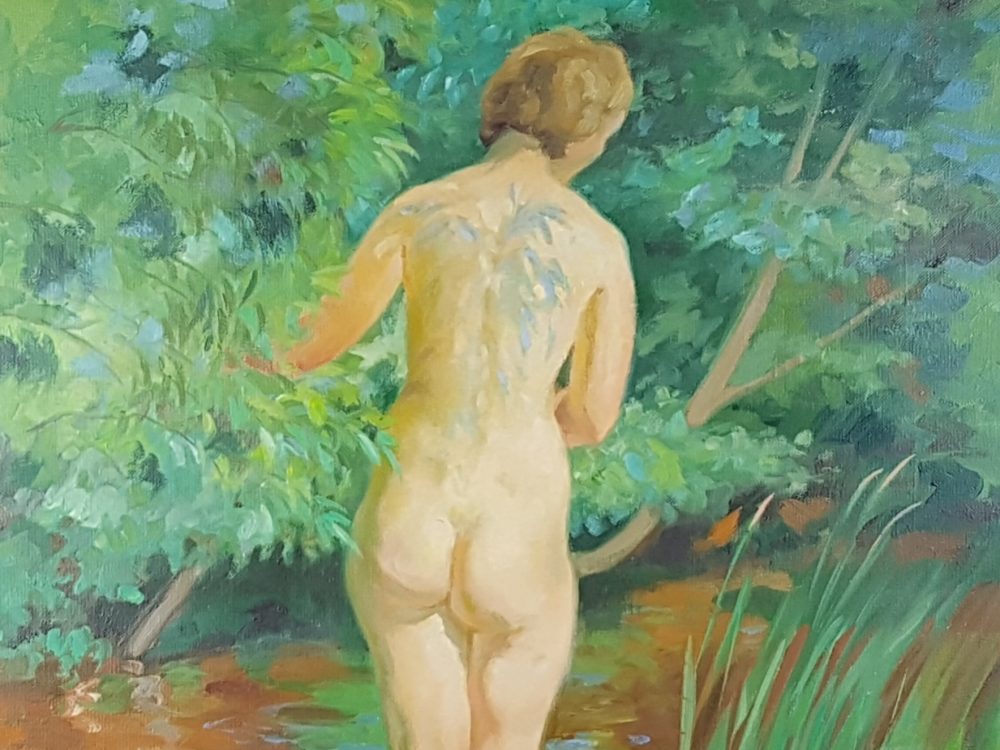 Large mid century oil painting - of a nude bather