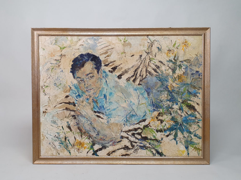 Large mid century oil painting on canvas of a Young Man