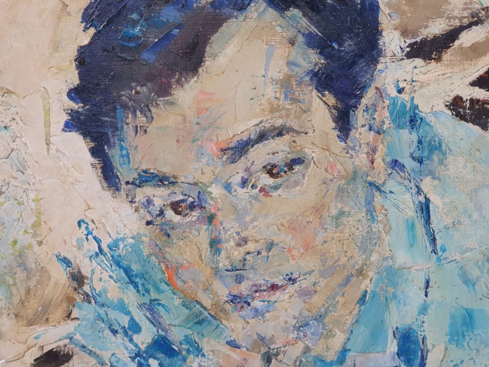 Large mid century oil painting on canvas of a Young Man