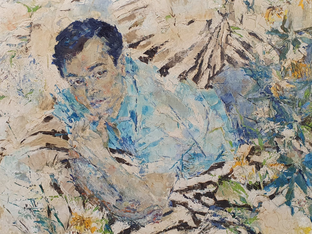 Large mid century oil painting on canvas of a Young Man