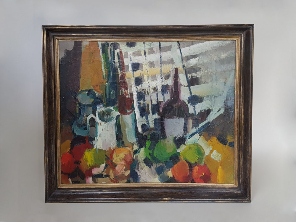 Large mid century oil painting showing an Kitchen inspired Still Life