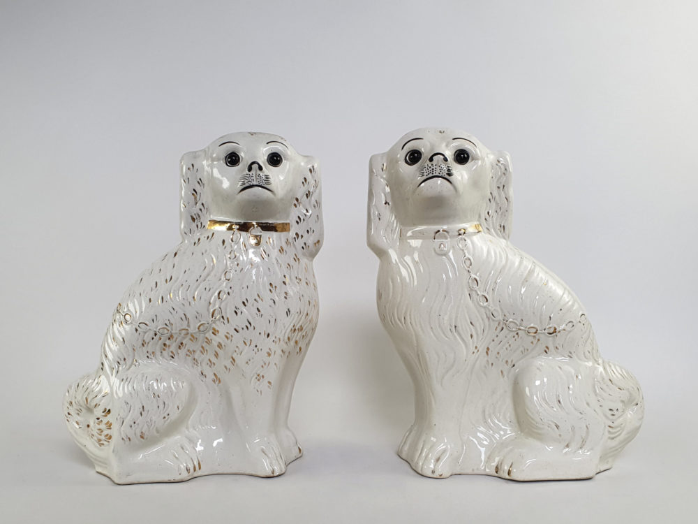 Large pair of antique Victorian Staffordshire Spaniel Dogs