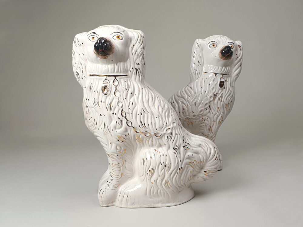 Large pair of antique ceramic Victorian Staffordshire Spaniel Dogs