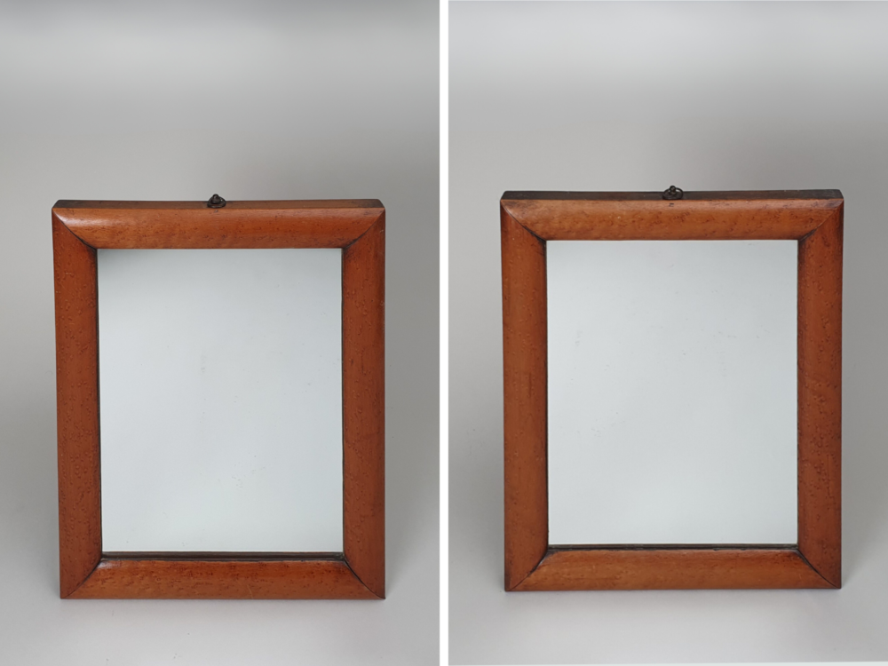 Matching pair of birds eye maple 19th century English antique Wall Mirrors