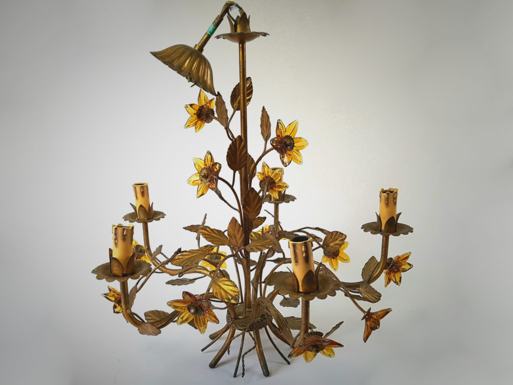 Mid century antique Chandelier with gold glass flowers
