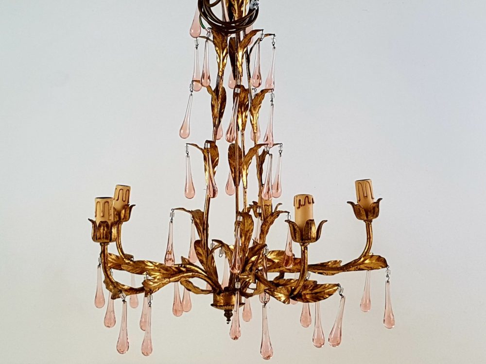 Mid century antique pink murano glass droplet Chandelier