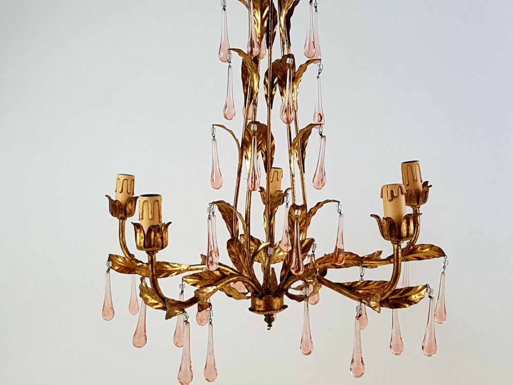 Mid century antique pink murano glass droplet Chandelier