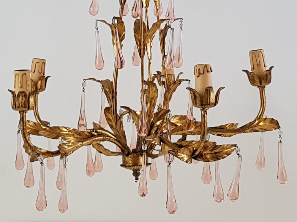 Mid century antique pink murano glass droplet Chandelier