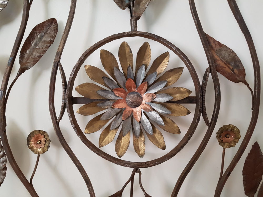 Mid century antique wrought iron sculpture with copper sunflowers