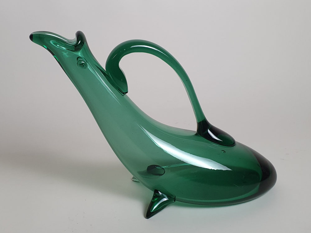 Mid Century Green Whitefriars Jug designed as a Dolphin