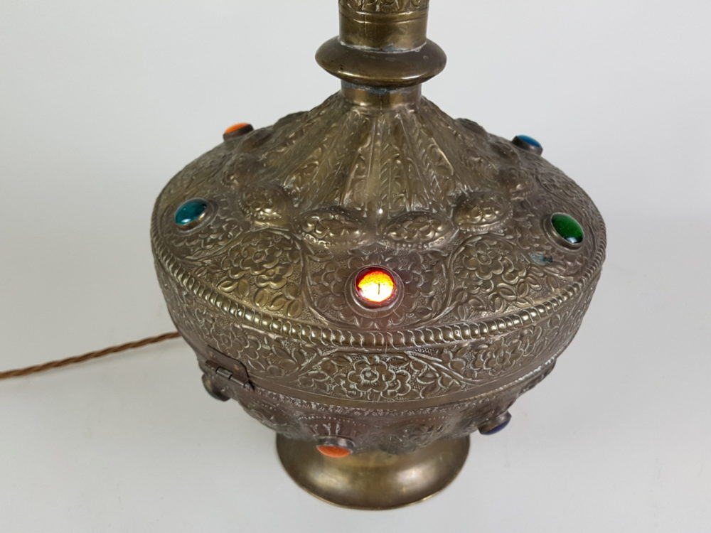 North African brass Table Lamp with stained glass and repoussé relief