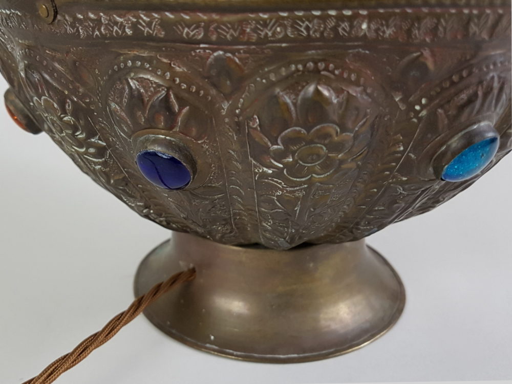 North African brass Table Lamp with stained glass and repoussé relief
