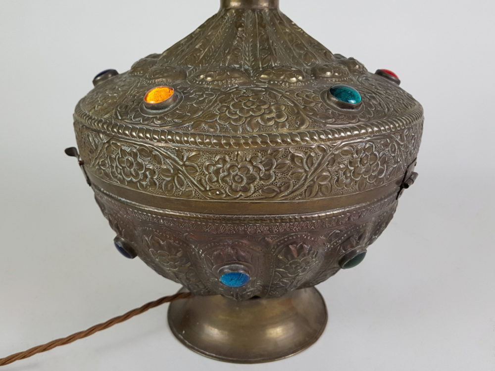 North African brass Table Lamp with stained glass and repoussé relief