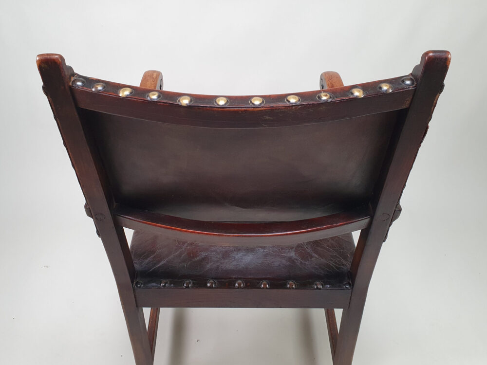 Oak and leather open arm early 1900s antique Chair