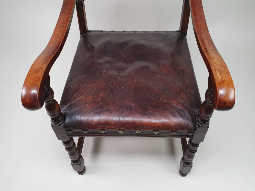 Oak and leather open arm early 1900s antique Chair