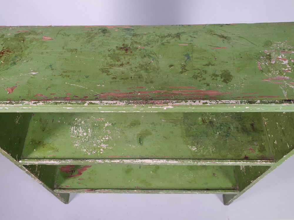 Original painted rustic antique green freestanding Shelves