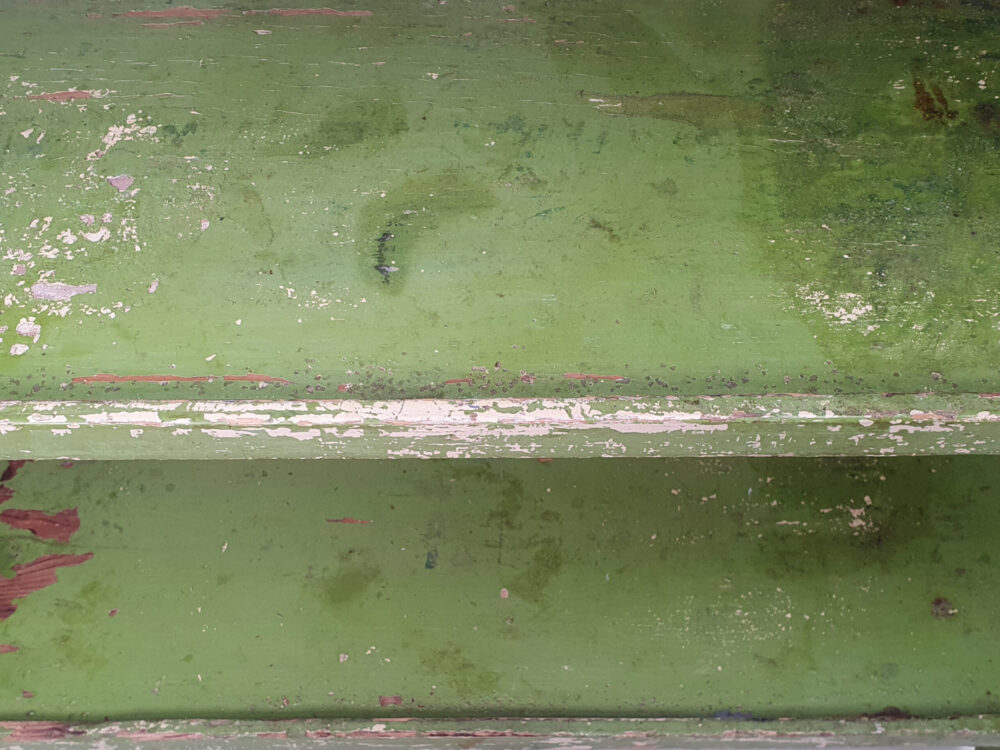 Original painted rustic antique green freestanding Shelves