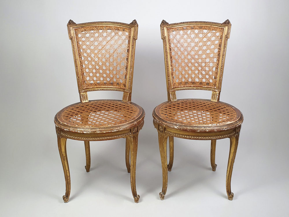 Pair of 19th century antique French cane and carved gilt Salon Chairs