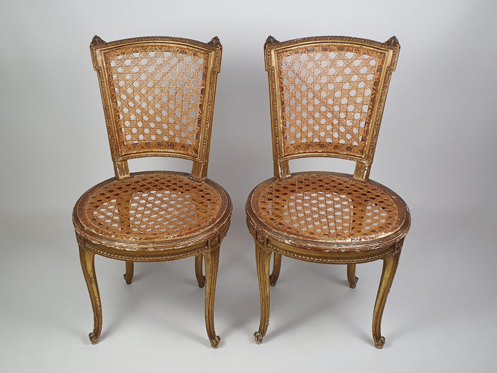 Pair of 19th century antique French cane and carved gilt Salon Chairs