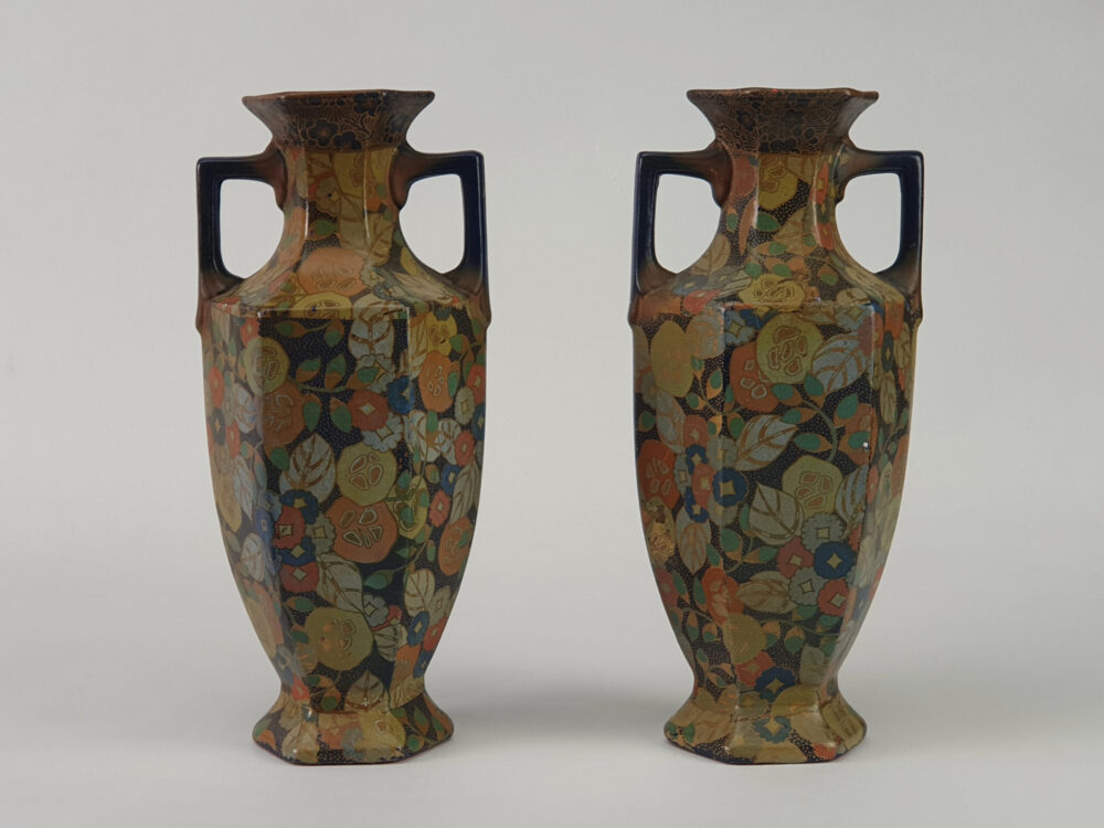 Pair of Art Deco decorative antique painted Vases